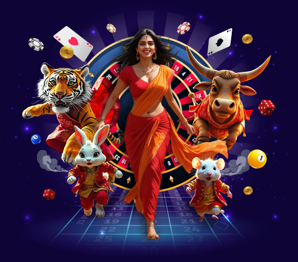 6Club Casino Adventure – Roulette, Lucky Animals, and Exciting Games Experience 6Club excitement – A vibrant scene with a woman in a red saree surrounded by animated animals, a roulette wheel, casino chips, and poker cards, capturing the thrill of gaming.